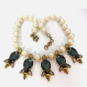 J Crew Georgian Faux Pearl Necklace Teal Teardrop Crystal Girandole Fringe